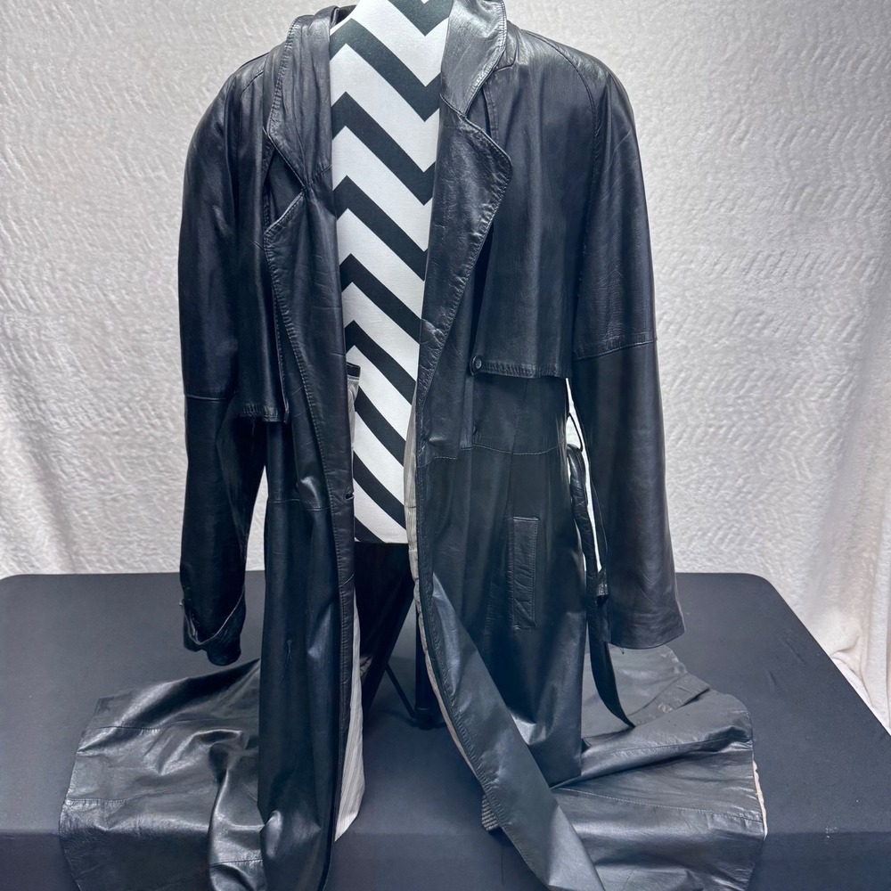 J. Gallery Mens Vintage Black 42 Leather Trench Coat Double Breasted Belted Long